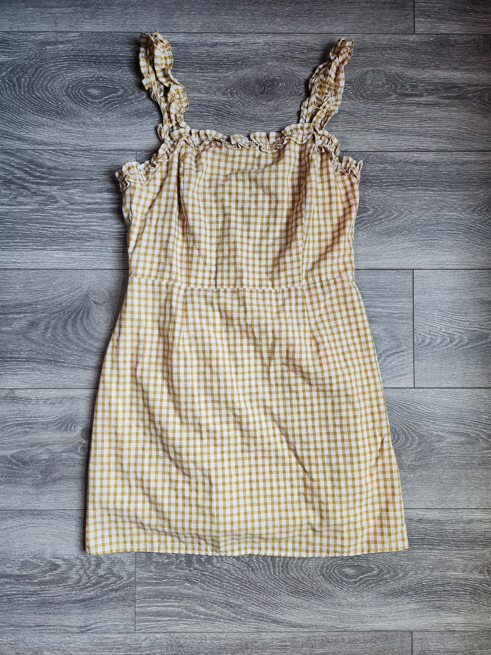 Yellow Gingham Ruffle Trim Square Neck Fit & Flare Mini Dress Medium Cottagecore
